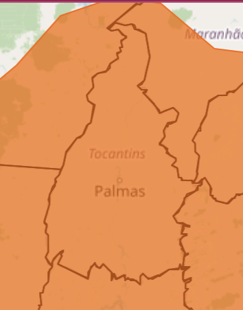 FAaixa laranja de risco de chuvas intensas cobre todo o estado do Tocantins e uma grande faixa do Centro do país